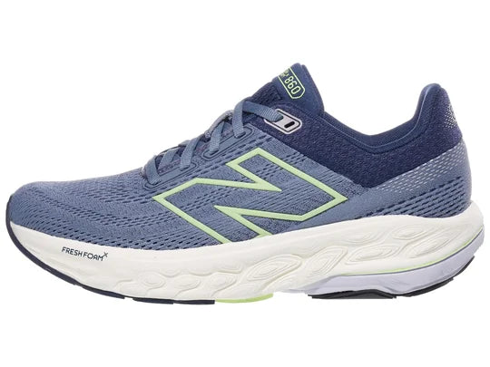Women's New Balance 860 v14. Grey/Blue upper. White midsole. Lateral view.