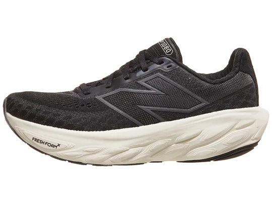 Women's New Balance 1080 v14. Black upper. White midsole. Lateral view.