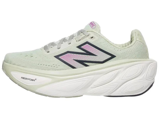 Women's New Balance Fresh Foam X More v5. Light Green upper. White midsole. Lateral view.