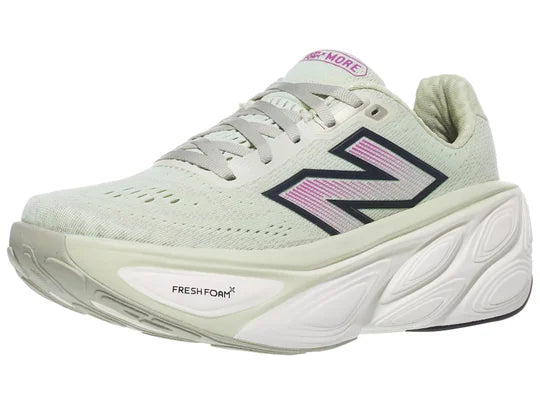 Women's New Balance Fresh Foam X More v5. Light Green upper. White midsole. Lateral view.