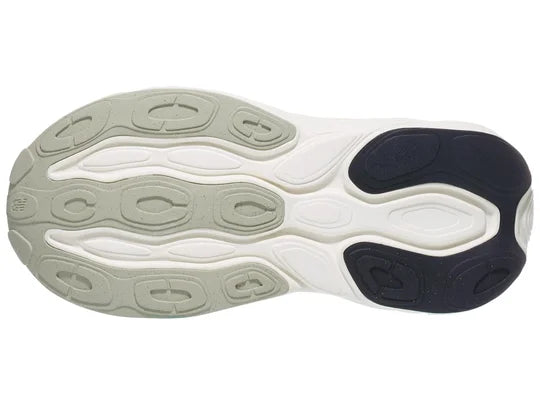 Women's New Balance Fresh Foam X More v5. Light Green upper. White midsole. Bottom view.