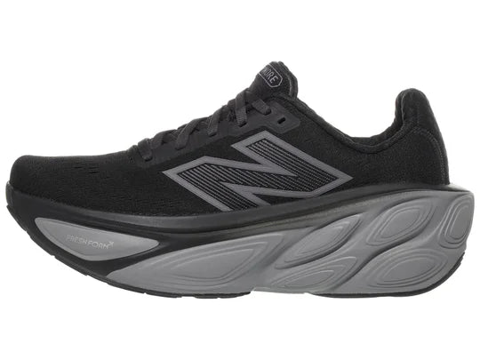 Women's New Balance Fresh Foam X More v5. Black upper. Grey midsole. Lateral view.