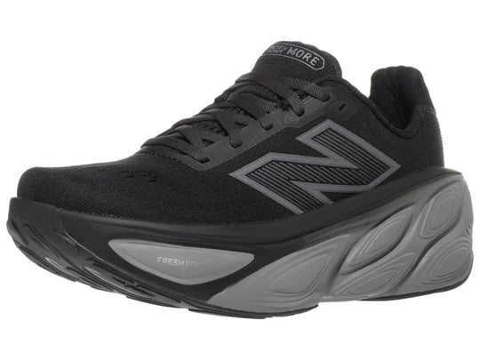 Women's New Balance Fresh Foam X More v5. Black upper. Grey midsole. Lateral view.