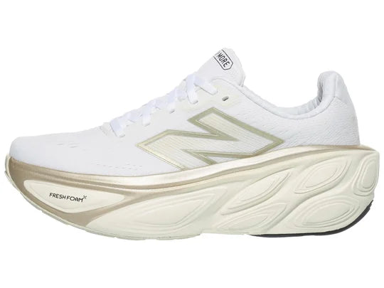 Women's New Balance Fresh Foam X More v5. White upper. Off White midsole. Lateral view.