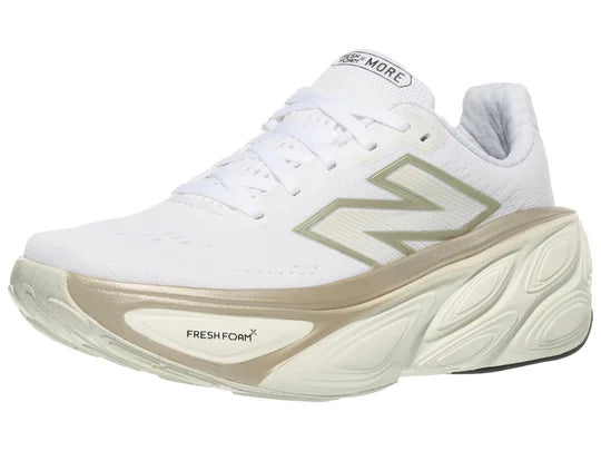 Women's New Balance Fresh Foam X More v5. White upper. Off White midsole. Lateral view.