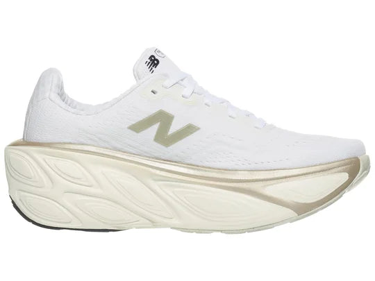 Women's New Balance Fresh Foam X More v5. White upper. Off White midsole. Medial view.