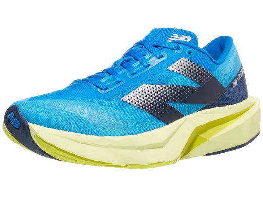 Women's New Balance FuelCell Rebel v4. Blue upper. Green midsole. Lateral view.