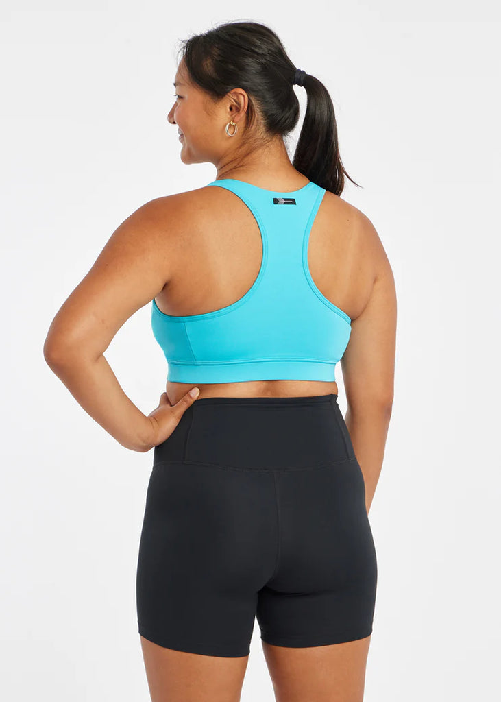 Women's Oiselle Double Breasted Bra. Blue/Green. Rear view.