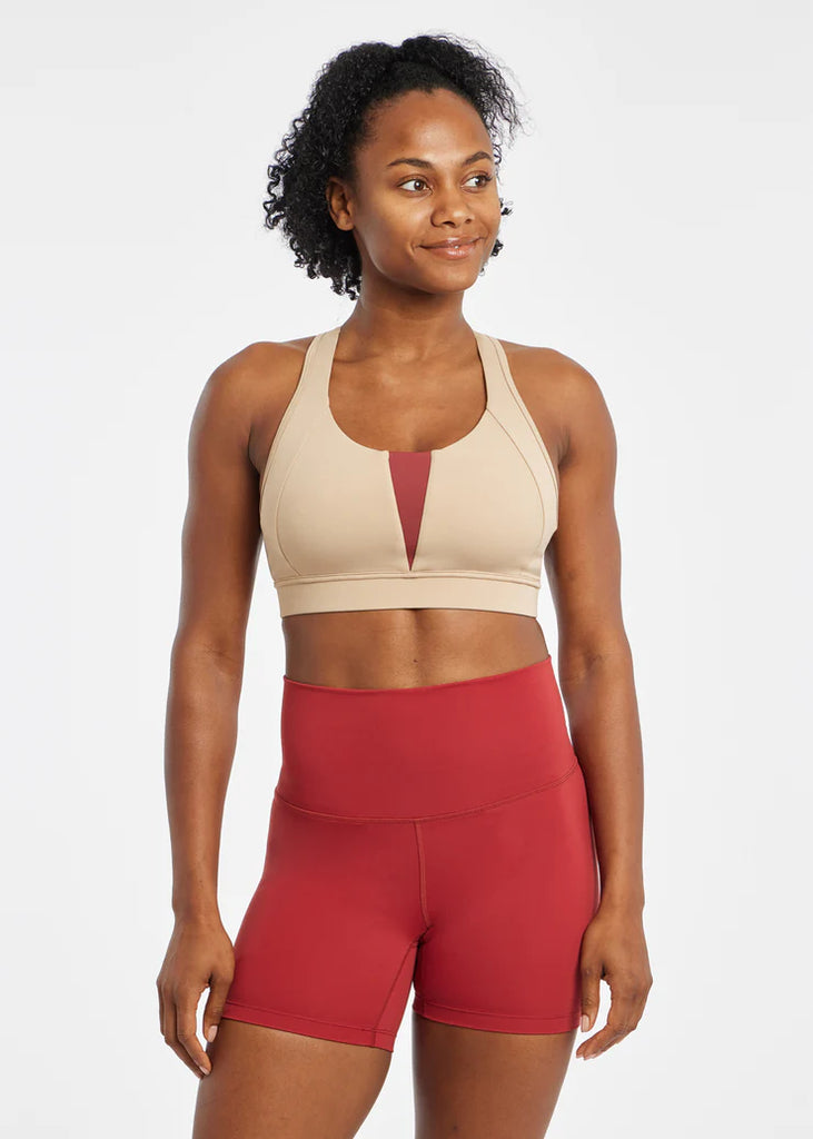 Women's Oiselle Double Breasted Bra. Tan. Front view.