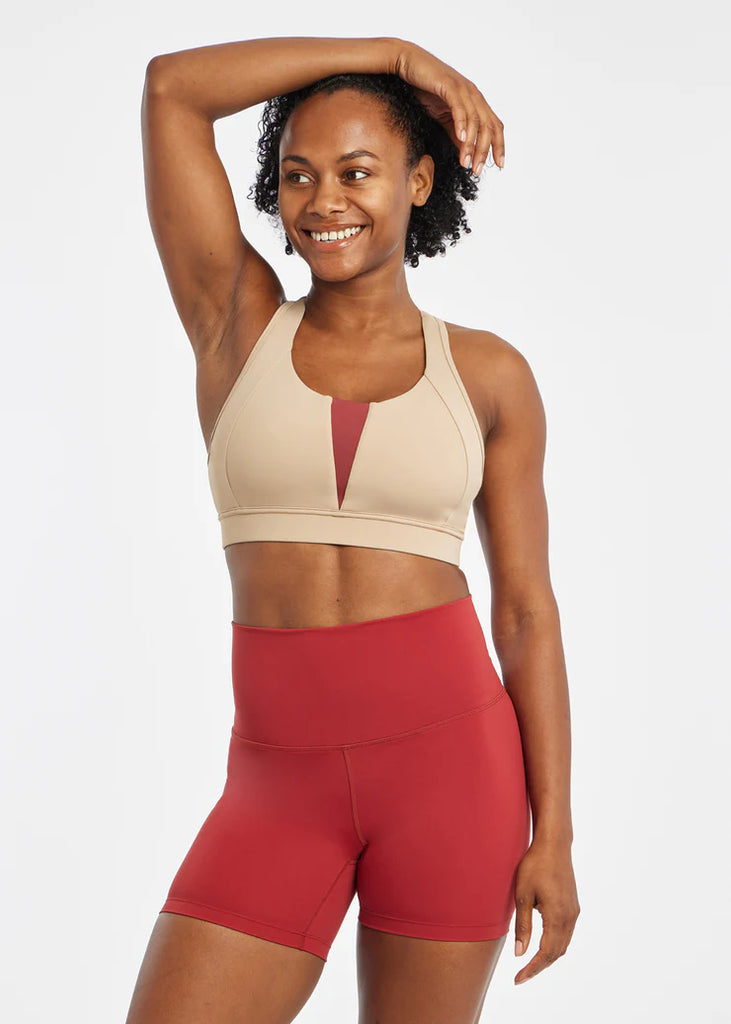 Women's Oiselle Double Breasted Bra. Tan. Front view.