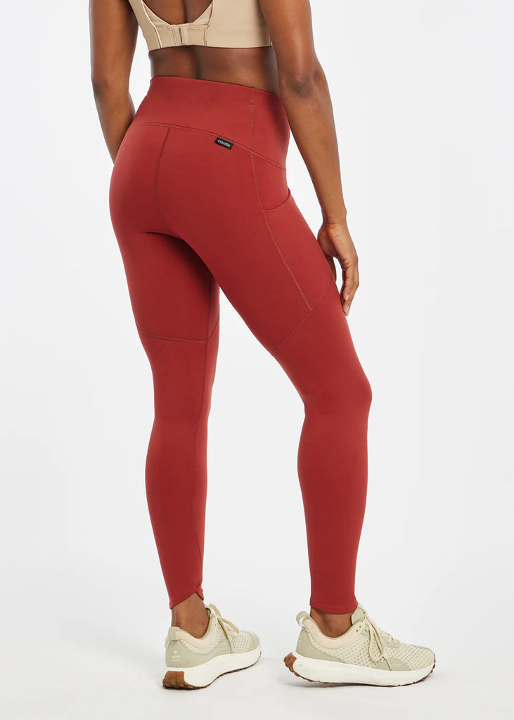 Women's Oiselle Flyout Tights. Red. Rear view.