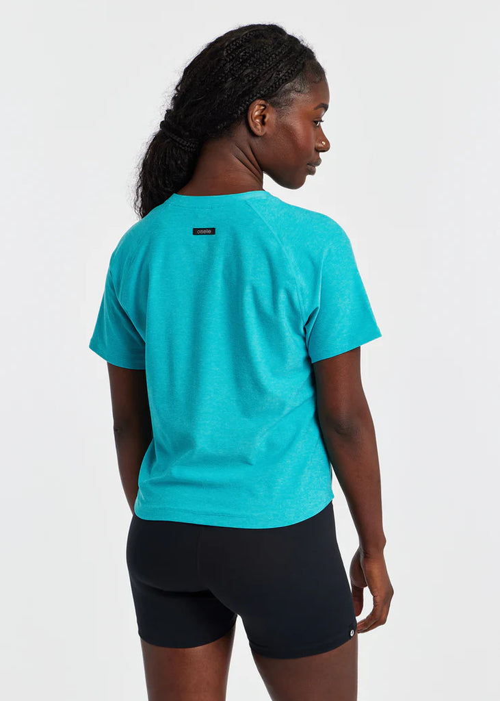 Women's Oiselle Lux Boxy Short Sleeve. Blue/Green. Rear view.