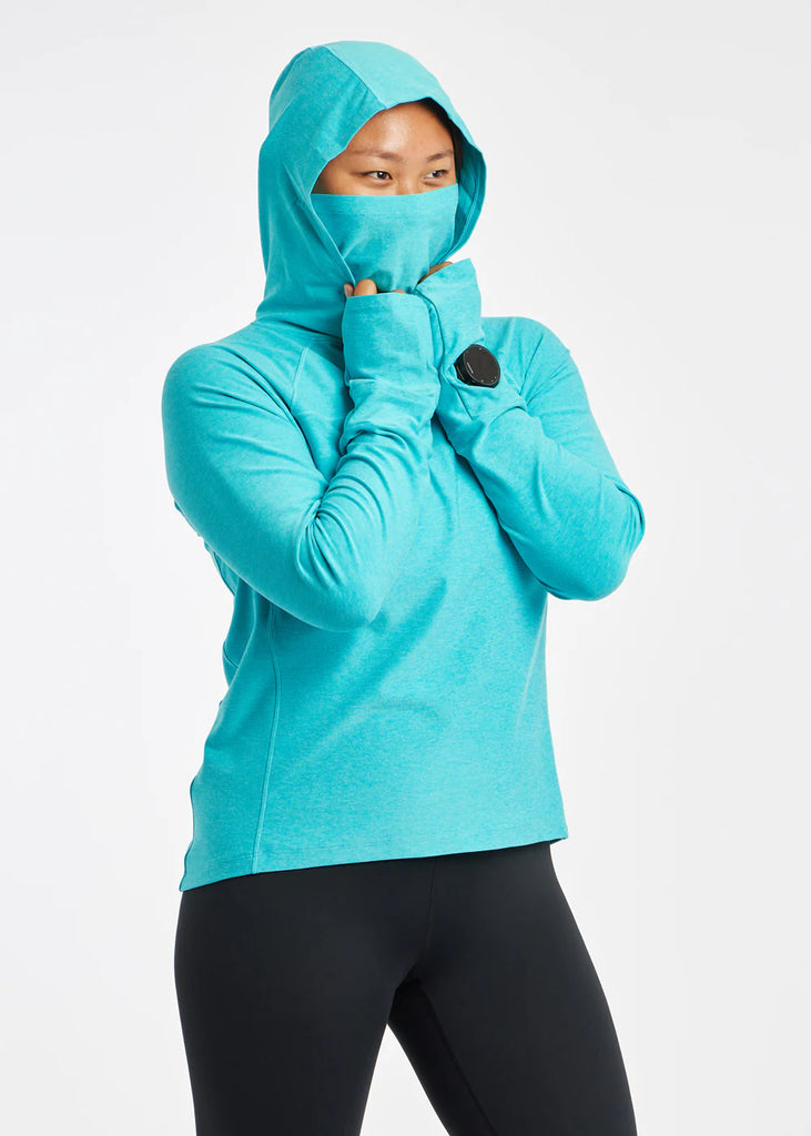 Women's Oiselle Lux Highline Hoodie. Light Blue. Front view.