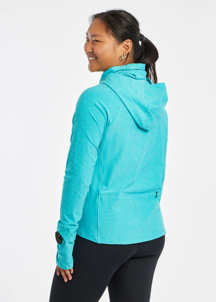 Women's Oiselle Lux Highline Hoodie. Light Blue. Rear view.