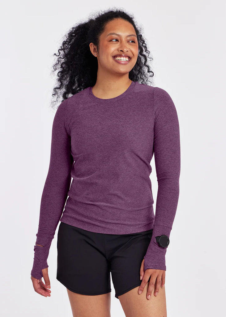 Women's Oiselle Lux Layer Long Sleeve. Dark Red. Front view.