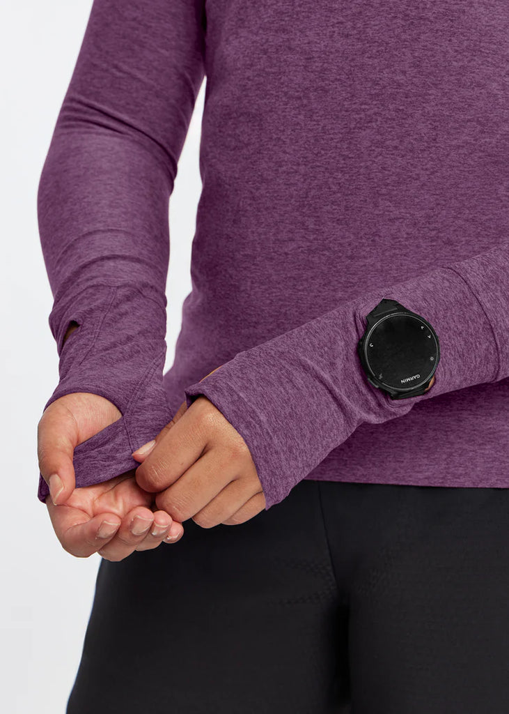 Women's Oiselle Lux Layer Long Sleeve. Dark Red. Sleeve closeup.