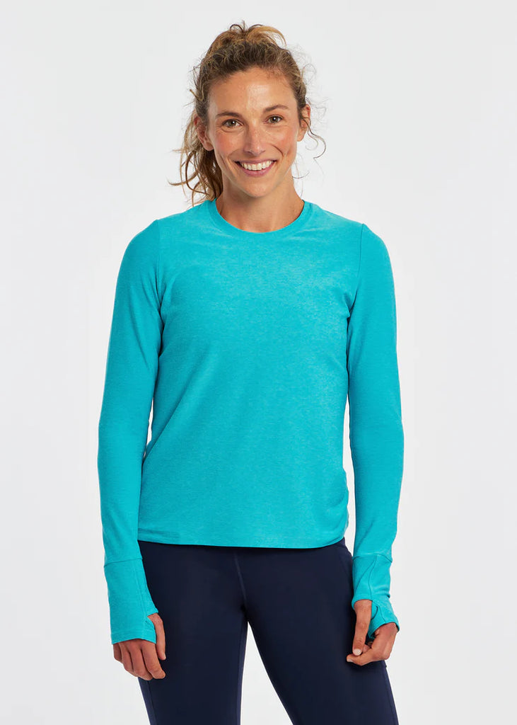 Women's Oiselle Lux Relaxed Long Sleeve. Blue. Front view.