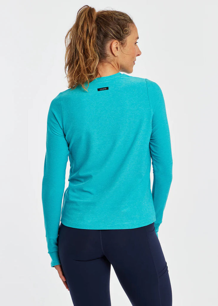 Women's Oiselle Lux Relaxed Long Sleeve. Blue. Rear view.