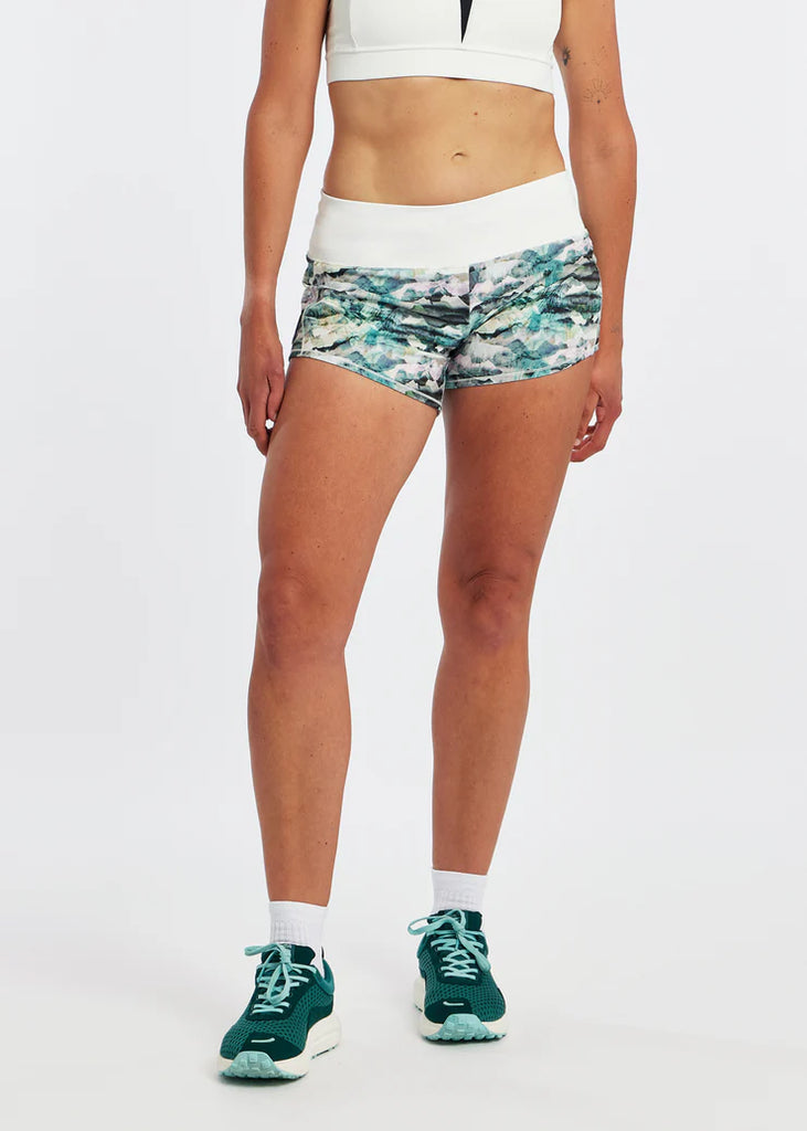 Women's Oiselle Roga Shorts. Multicolored. Front view.