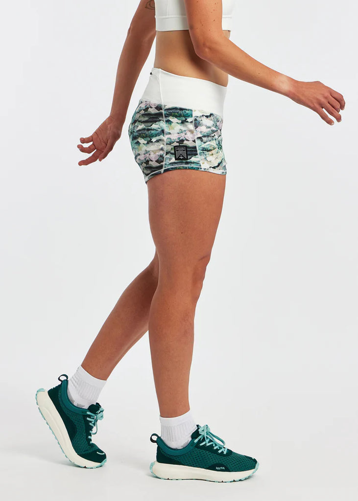 Women's Oiselle Roga Shorts. Multicolored. Lateral view.