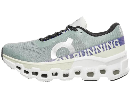 Women's On Cloudmonster 2. Light Grey upper. White midsole. Lateral view.