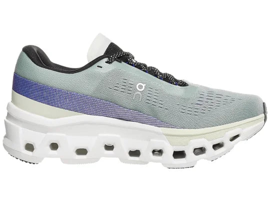 Women's On Cloudmonster 2. Light Grey upper. White midsole. Medial view.