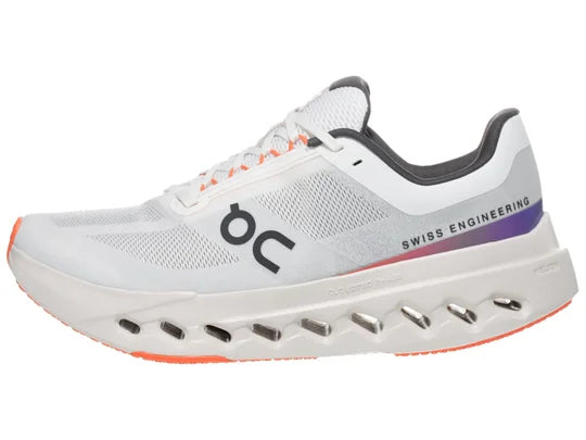 Women's On Running Cloudsurfer Next. White upper. White midsole. Lateral view.