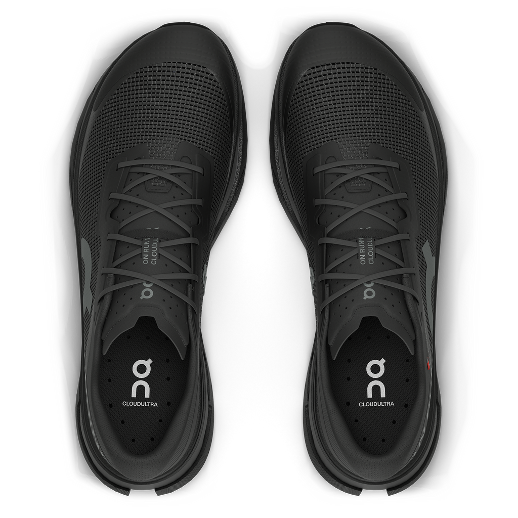 Women's On Cloudultra 3. Black upper. Black midsole. Top view.