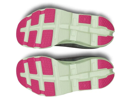 Women's On Running Cloudmonster 2. Dark Grey upper. Green midsole. Bottom view.