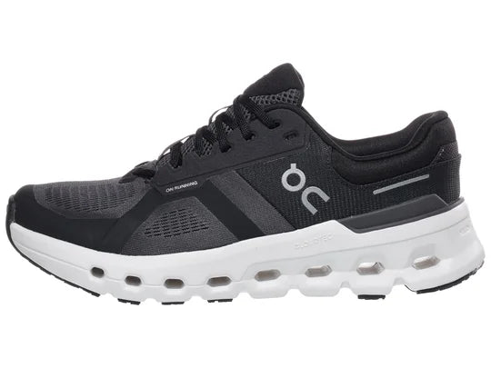 Women's On Running Cloudrunner 2. Black upper. White midsole. Lateral view.