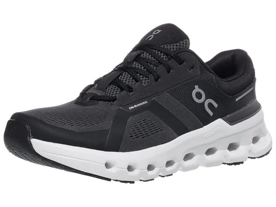 Women's On Running Cloudrunner 2. Black upper. White midsole. Lateral view.