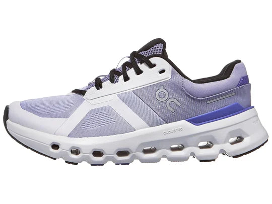 Women's On Cloudrunner 2. Blue upper. White midsole. Lateral view.