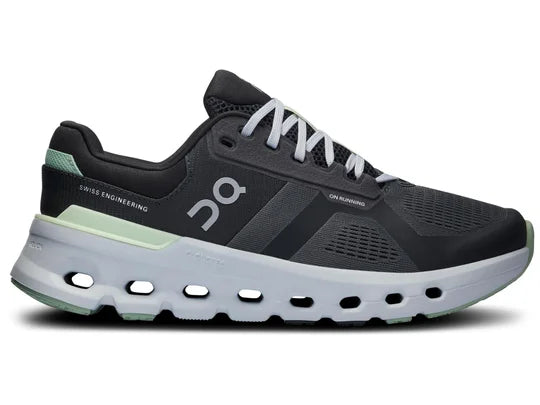 Women's On Running Cloudrunner 2. Black upper. Grey midsole. Lateral view.