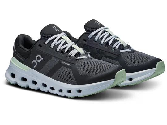 Women's On Running Cloudrunner 2. Black upper. Grey midsole. Lateral view.