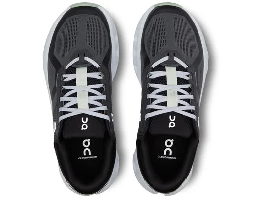 Women's On Running Cloudrunner 2. Black upper. Grey midsole. Top view.