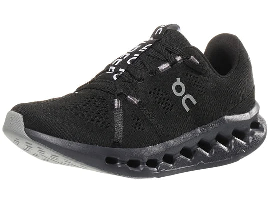 Women's On Running Cloudsurfer. Black upper. Black midsole. Lateral view.