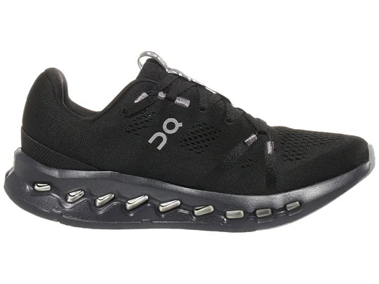 Women's On Running Cloudsurfer. Black upper. Black midsole. Medial view.