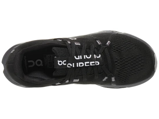 Women's On Running Cloudsurfer. Black upper. Black midsole. Top view.