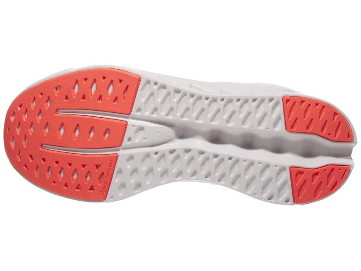 Women's On Running Cloudsurfer. White/red upper. White midsole. Bottom view.