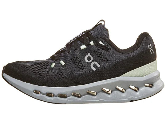 Women's On Running Cloudsurfer. Black upper. Grey midsole. Lateral view.