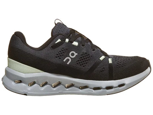 Women's On Running Cloudsurfer. Black upper. Grey midsole. Medial view.