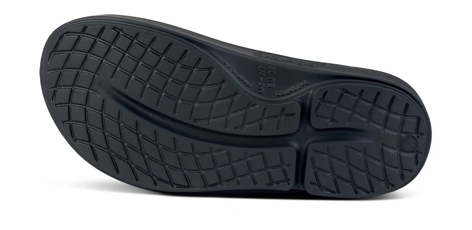 Women's Oofos Ooahh Luxe Slide. Light Blue upper. Black midsole. Bottom view.