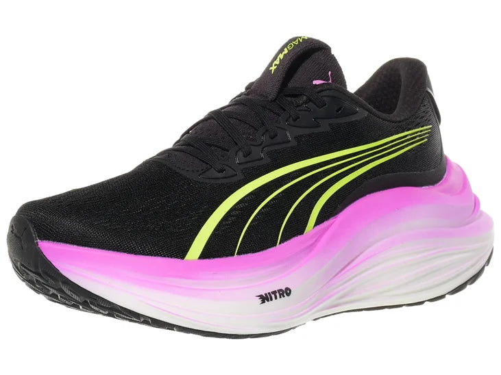 Women's Puma MagMax Nitro. Black upper. White/Purple midsole. Lateral view.