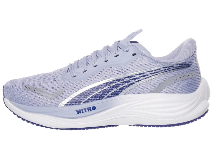 Women's Puma Velocity Nitro 3. Light Blue upper. White midsole. Lateral view.
