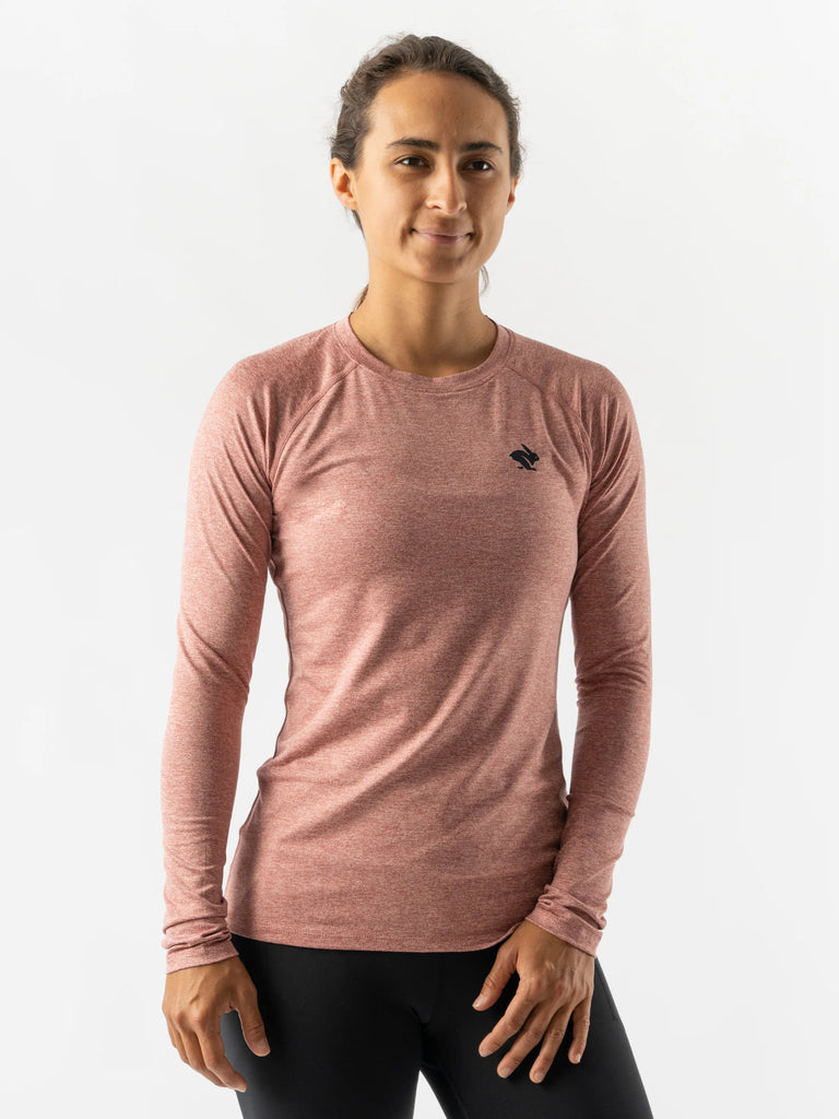 Women's rabbit EZ Long Sleeve Tee. Pink. Front view.