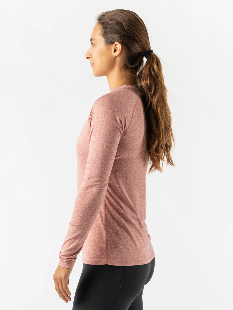 Women's rabbit EZ Long Sleeve Tee. Pink. Lateral view.