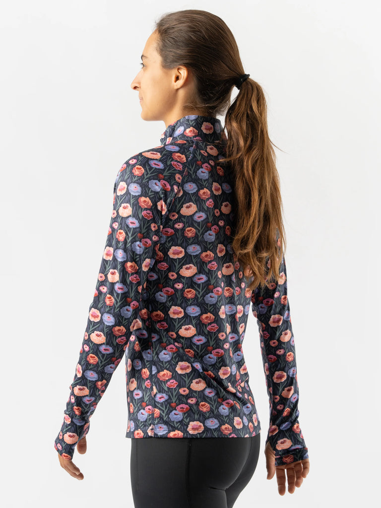 Women's rabbit EZ Zip 2.0 Long Sleeve. Floral print. Rear/Lateral view.