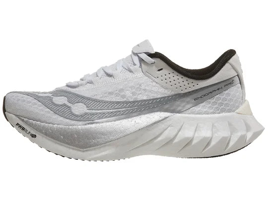 Women's Saucony Endorphin Pro 4. White upper. White midsole. Lateral view.