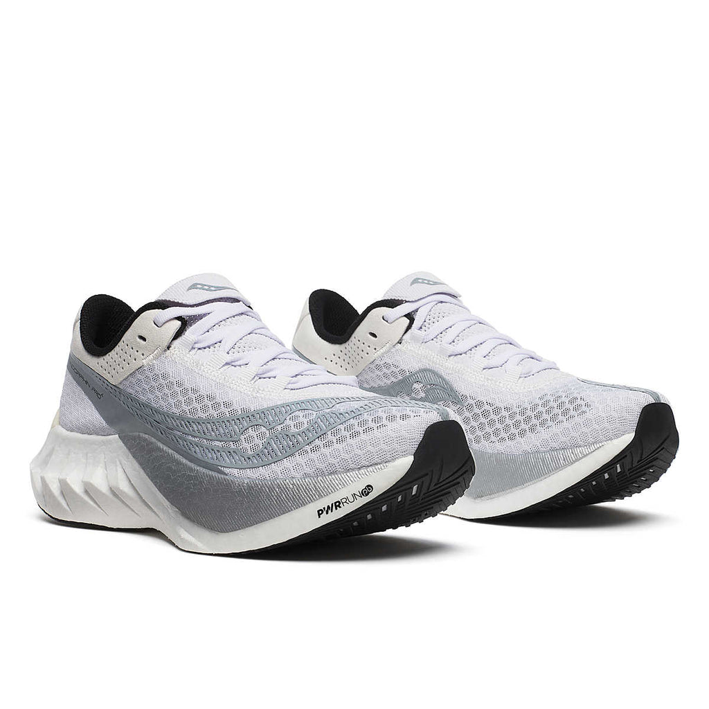 Women's Saucony Endorphin Pro 4. White upper. White midsole. Lateral view.