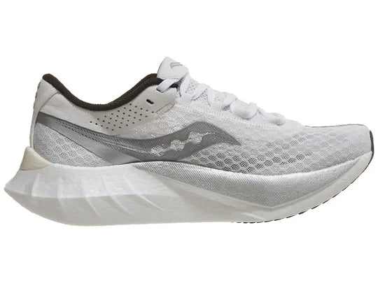 Women's Saucony Endorphin Pro 4. White upper. White midsole. Medial view.